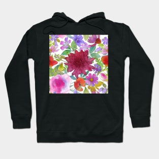 Summer wildflowers and leaves watercolor botanical illustration. Peony, Hryzanthemium, Rose, Poppy, Balloon flowers. Hoodie